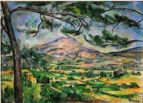 La montagne Sainte-Victoire par Paul Cézanne, avec des arbres et des champs en Provence.