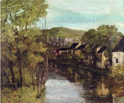 Paysage de Franche-Comté par Gustave Courbet : une rivière, des maisons et des arbres.
