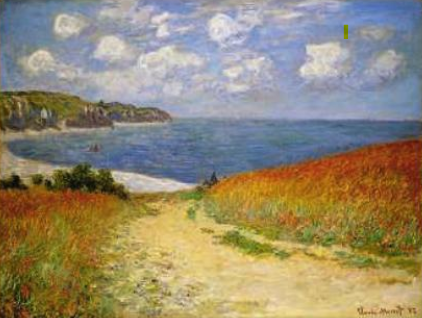 Un chemin dans les champs de fleurs menant à la plage et la mer en Normandie, par Claude Monet.